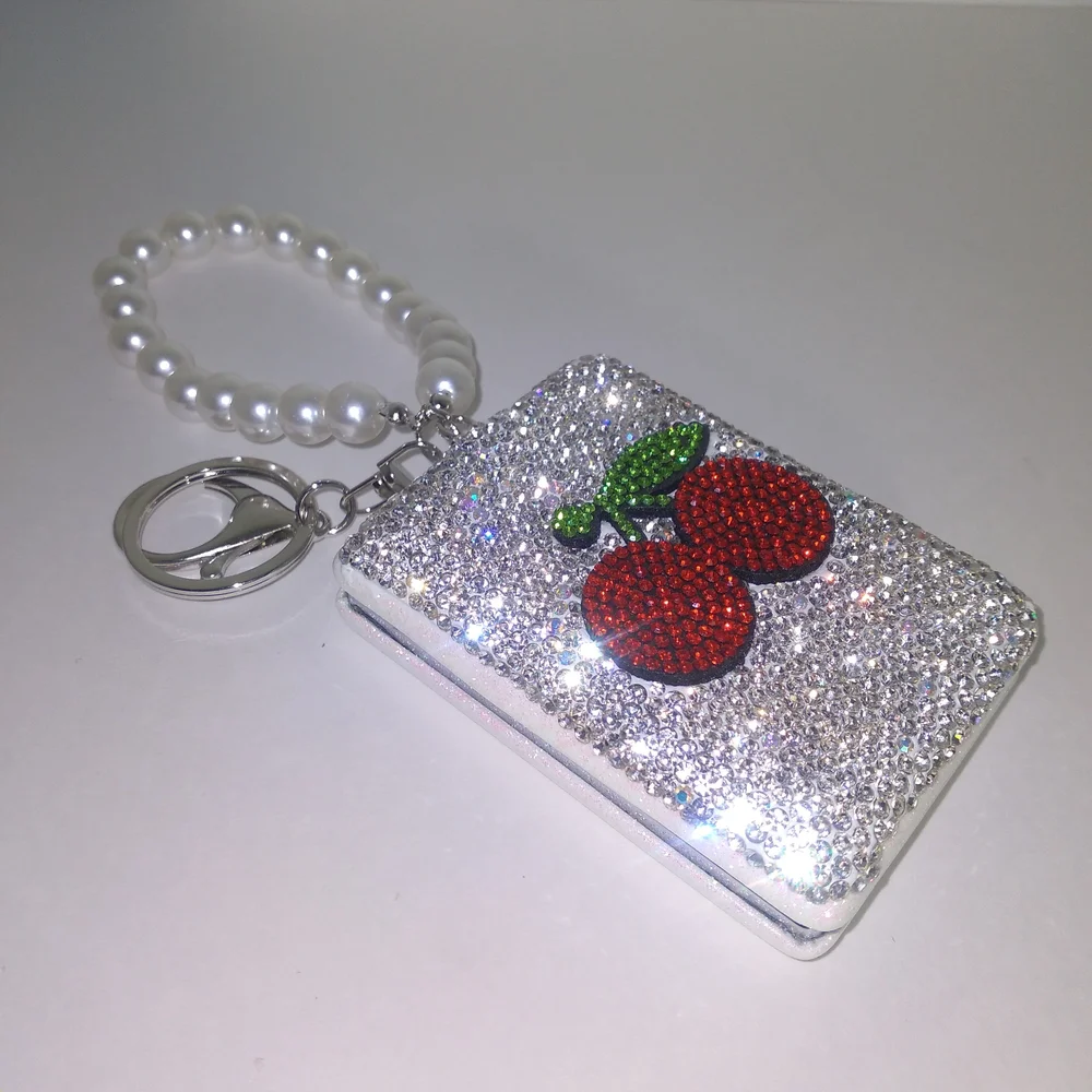 Sparkling Silver Cherry Keychain Mirror with Pearl Handle